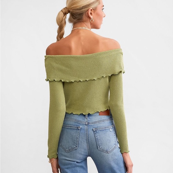 Trendy Off-Shoulder Green Fall Sweater - Picture 3 of 6